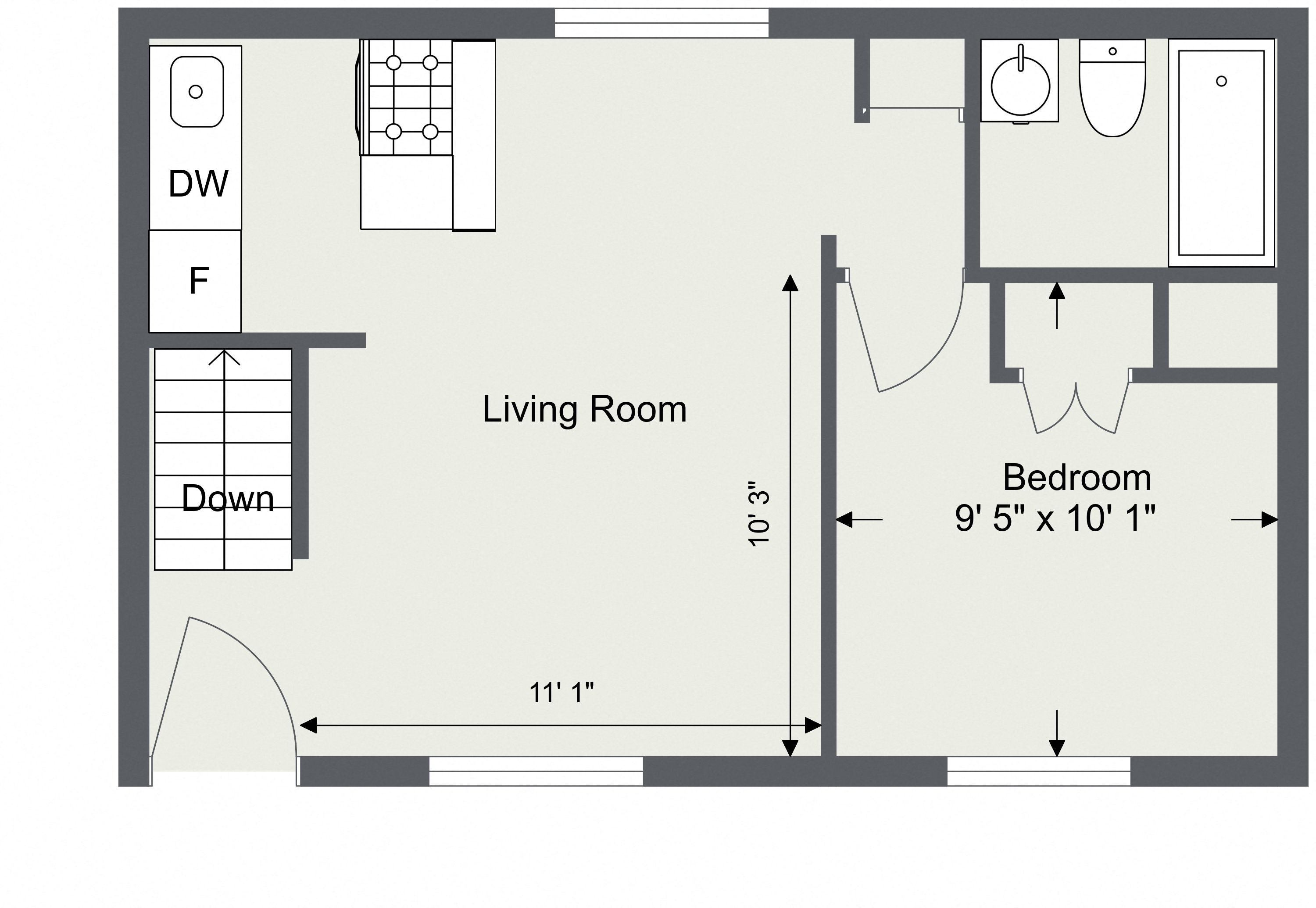 Floor plan for 1 bed, 1 bath, 875 sqft